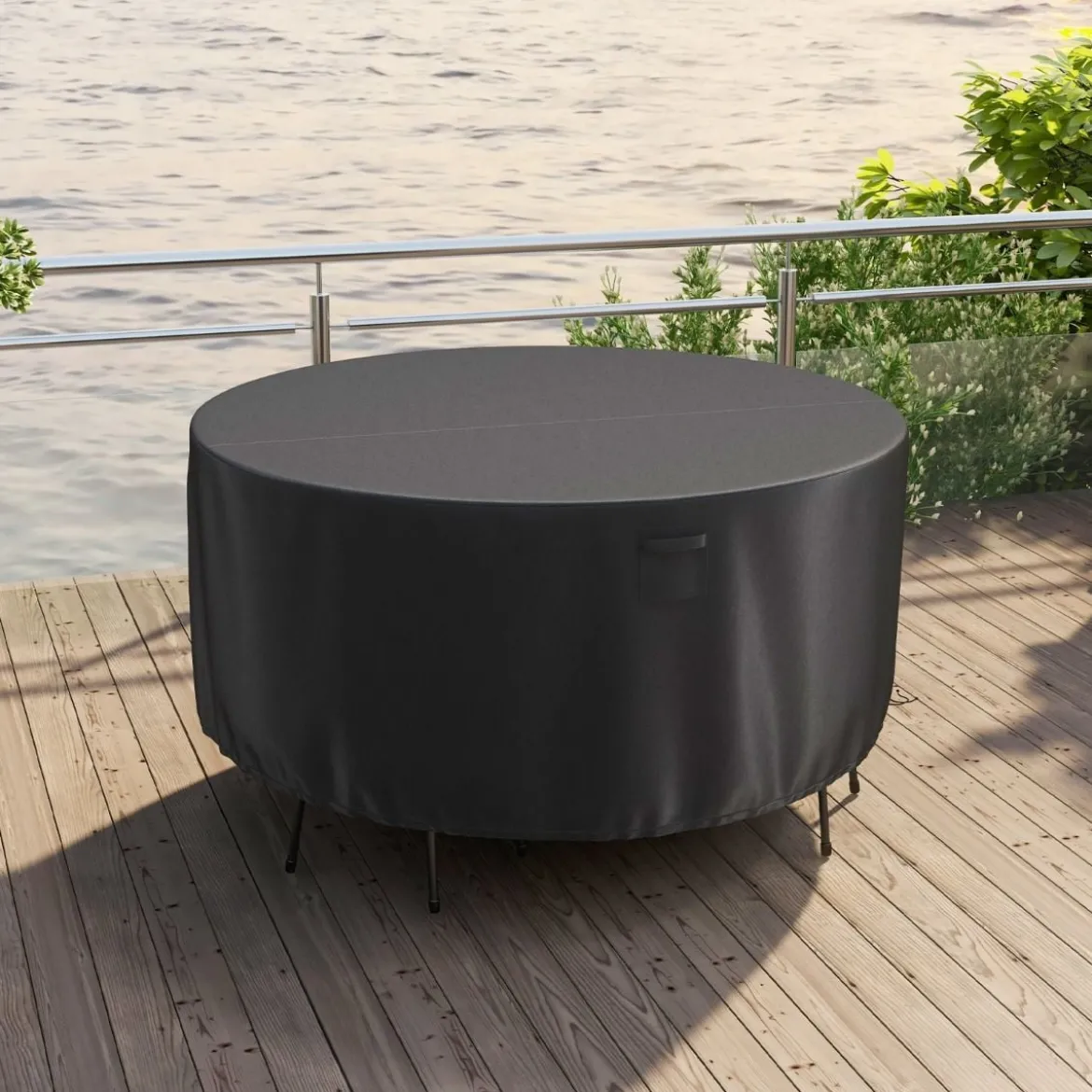 Ø 183 cm Runde Terrassenmöbel-Abdeckung mit Lüftungsschlitzen & Schnallen & Kordeln Schwarz