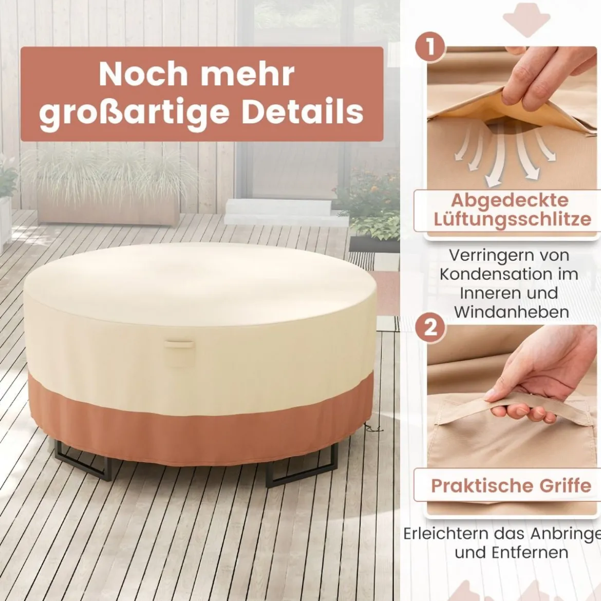 Ø 213 cm Runde Terrassenmöbel-Abdeckung mit Lüftungsschlitzen & Schnallen & Kordeln Beige