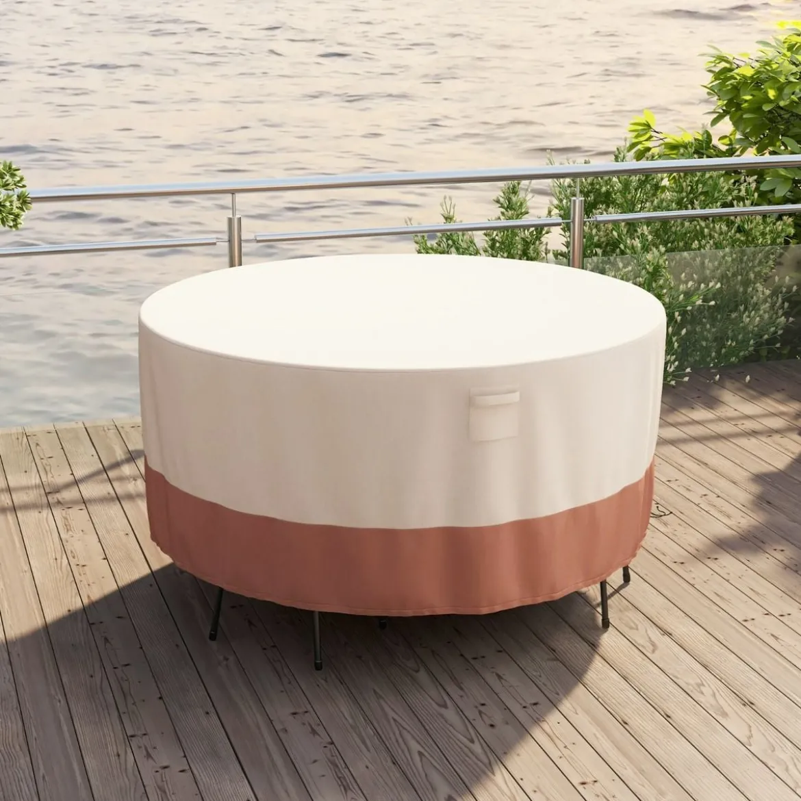 Ø 213 cm Runde Terrassenmöbel-Abdeckung mit Lüftungsschlitzen & Schnallen & Kordeln Beige