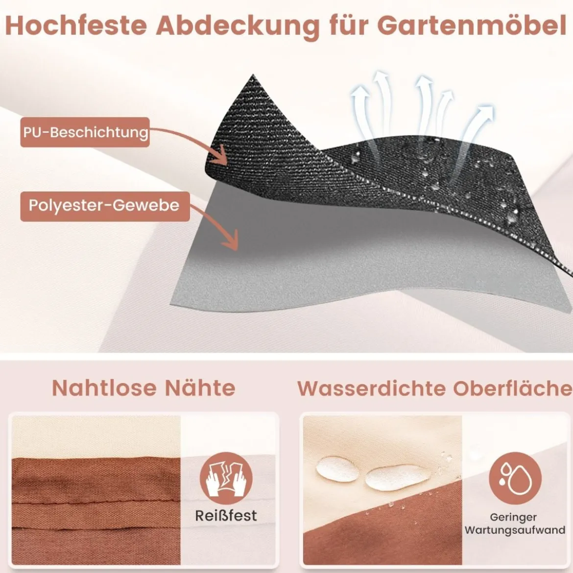 Ø 158 cm Runde Terrassenmöbel-Abdeckung mit Lüftungsschlitzen & Schnallen & Kordeln Beige