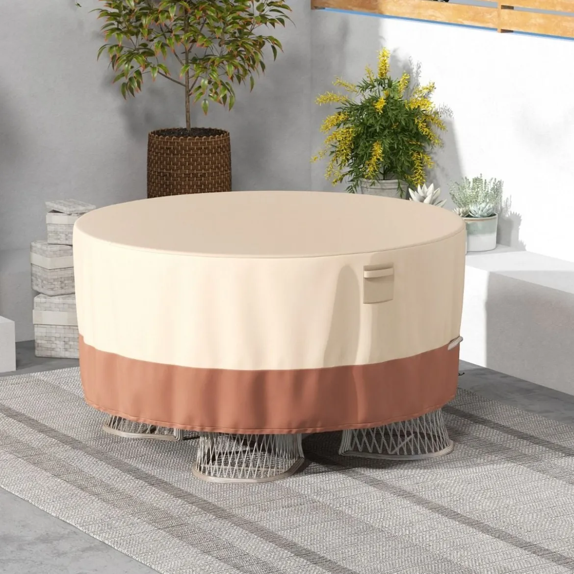 Ø 158 cm Runde Terrassenmöbel-Abdeckung mit Lüftungsschlitzen & Schnallen & Kordeln Beige