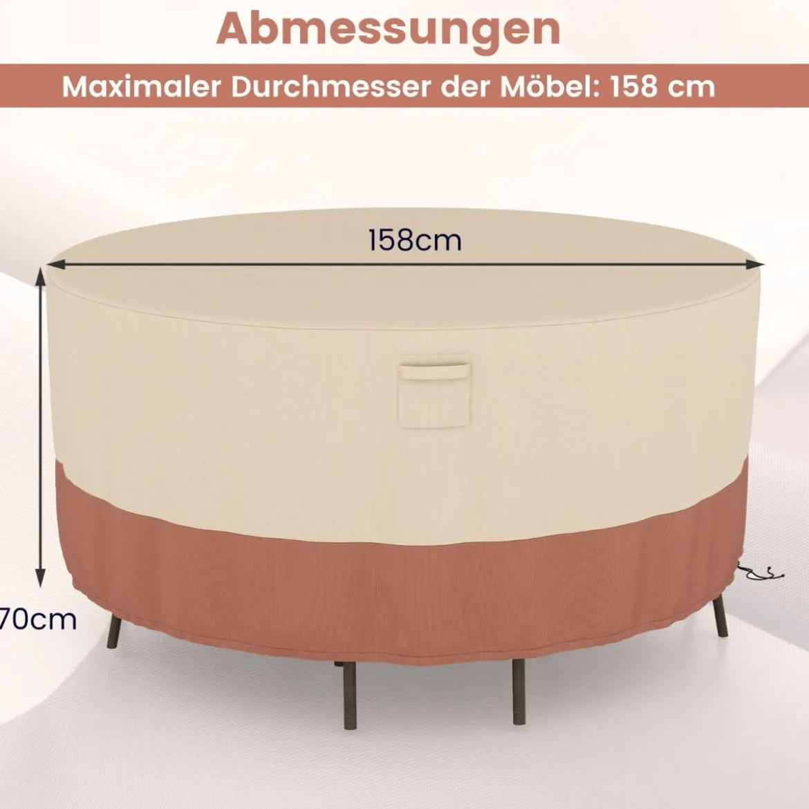Ø 158 cm Runde Terrassenmöbel-Abdeckung mit Lüftungsschlitzen & Schnallen & Kordeln Beige