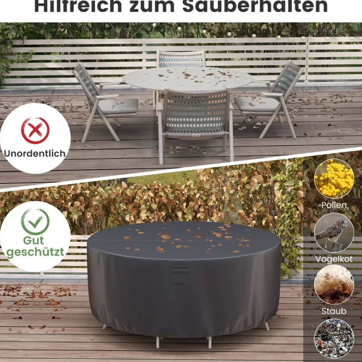 Ø 158 cm Runde Terrassenmöbel-Abdeckung mit Lüftungsschlitzen & Schnallen & Kordeln Schwarz