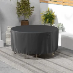 Ø 158 cm Runde Terrassenmöbel-Abdeckung mit Lüftungsschlitzen & Schnallen & Kordeln Schwarz