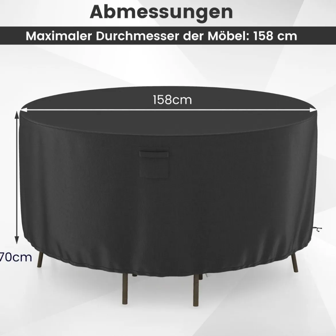 Ø 158 cm Runde Terrassenmöbel-Abdeckung mit Lüftungsschlitzen & Schnallen & Kordeln Schwarz