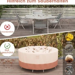Ø 183 cm Runde Terrassenmöbel-Abdeckung mit Lüftungsschlitzen & Schnallen & Kordeln Beige