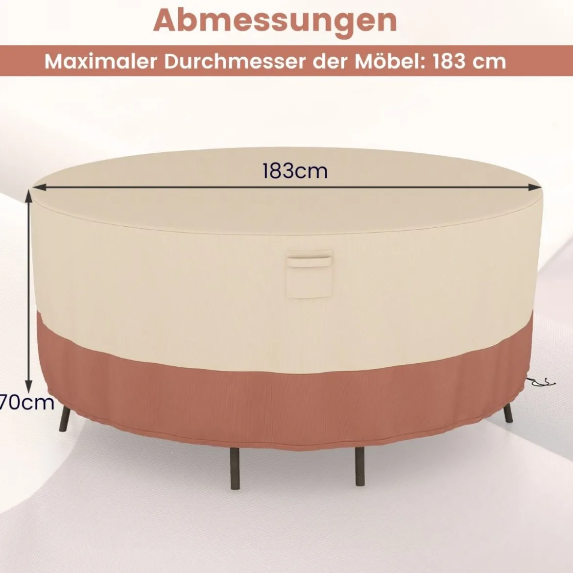 Ø 183 cm Runde Terrassenmöbel-Abdeckung mit Lüftungsschlitzen & Schnallen & Kordeln Beige