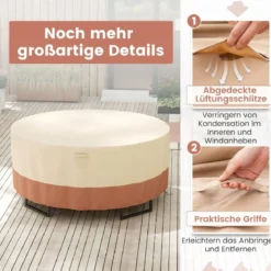 Ø 183 cm Runde Terrassenmöbel-Abdeckung mit Lüftungsschlitzen & Schnallen & Kordeln Beige