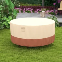 Ø 183 cm Runde Terrassenmöbel-Abdeckung mit Lüftungsschlitzen & Schnallen & Kordeln Beige
