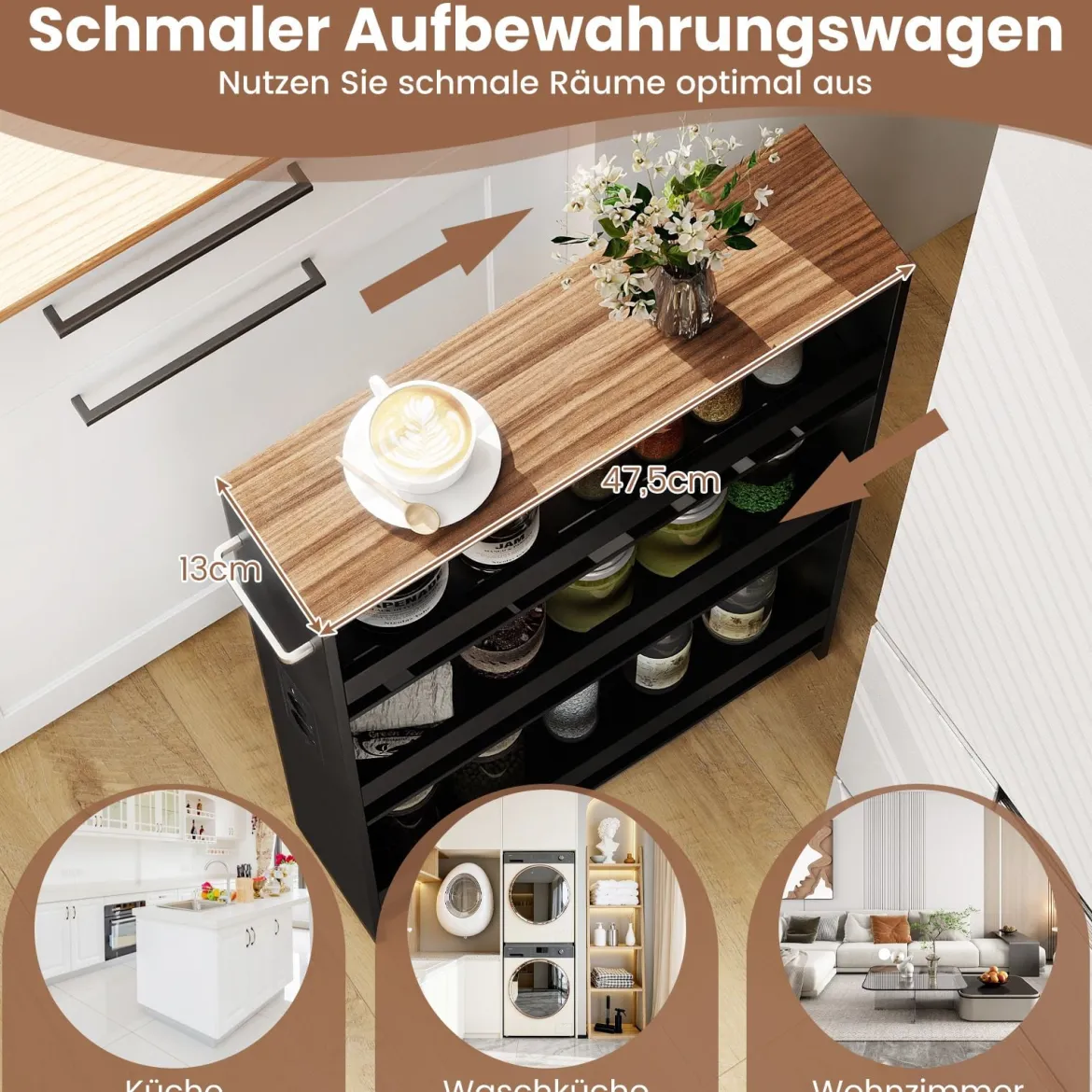 13 cm schlanker Aufbewahrungswagen mit Ladestation 4-stufiger rollbarer Küchenwagen mit Griff Schwarz + Vintagebraun