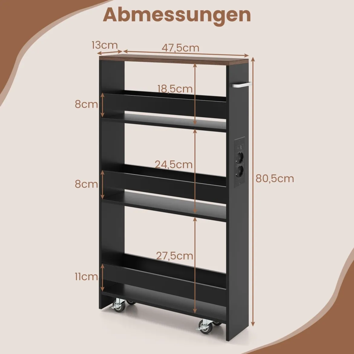 13 cm schlanker Aufbewahrungswagen mit Ladestation 4-stufiger rollbarer Küchenwagen mit Griff Schwarz + Vintagebraun