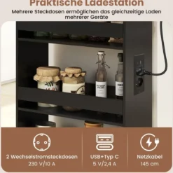 20 cm schlanker Aufbewahrungswagen mit Ladestation 4-stufiger rollbarer Küchenwagen mit Griff Schwarz