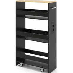 20 cm schlanker Aufbewahrungswagen mit Ladestation 4-stufiger rollbarer Küchenwagen mit Griff Schwarz