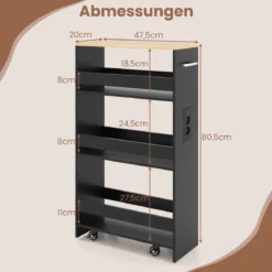 20 cm schlanker Aufbewahrungswagen mit Ladestation 4-stufiger rollbarer Küchenwagen mit Griff Schwarz