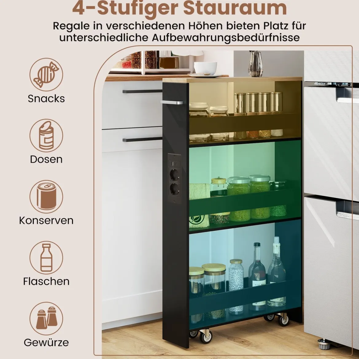13 cm schlanker Aufbewahrungswagen mit Ladestation 4-stufiger rollbarer Küchenwagen mit Griff Schwarz