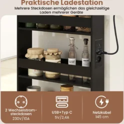 13 cm schlanker Aufbewahrungswagen mit Ladestation 4-stufiger rollbarer Küchenwagen mit Griff Schwarz