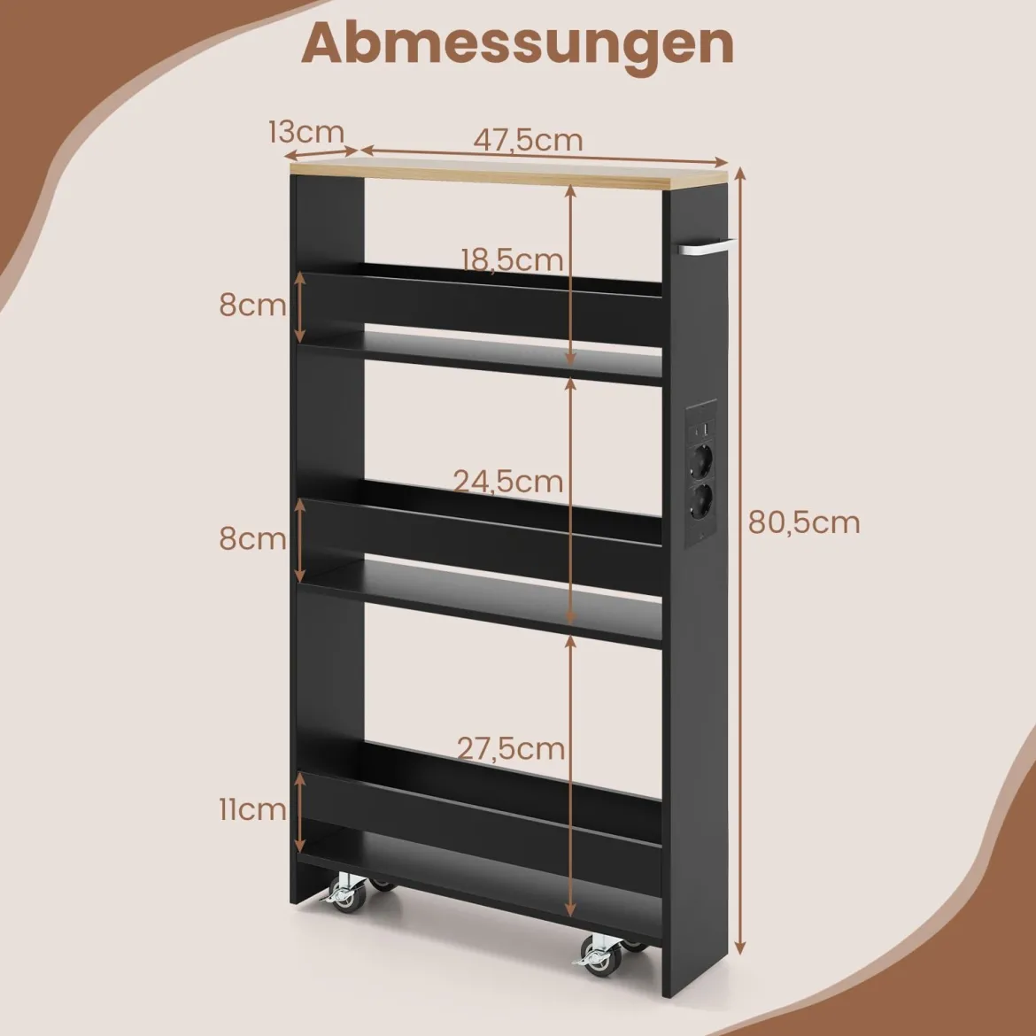 13 cm schlanker Aufbewahrungswagen mit Ladestation 4-stufiger rollbarer Küchenwagen mit Griff Schwarz