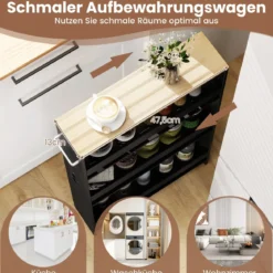 13 cm schlanker Aufbewahrungswagen mit Ladestation 4-stufiger rollbarer Küchenwagen mit Griff Schwarz