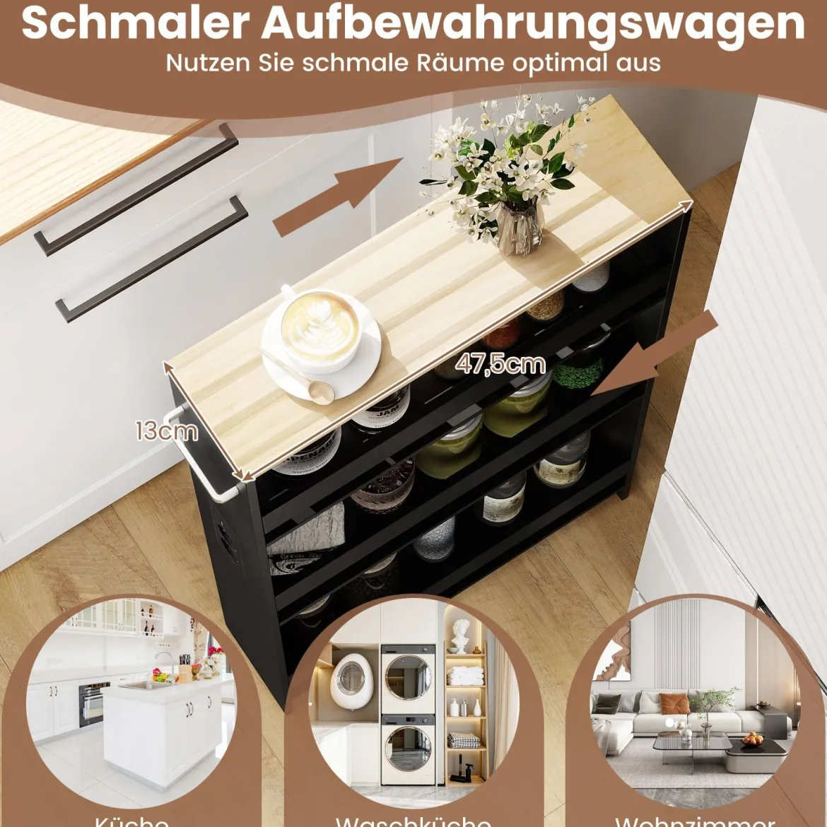 13 cm schlanker Aufbewahrungswagen mit Ladestation 4-stufiger rollbarer Küchenwagen mit Griff Schwarz