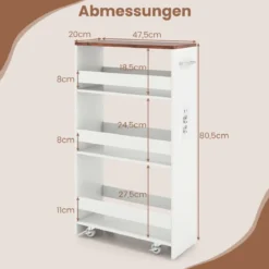 20 cm schlanker Aufbewahrungswagen mit Ladestation 4-stufiger rollbarer Küchenwagen mit Griff Rustikal Braun