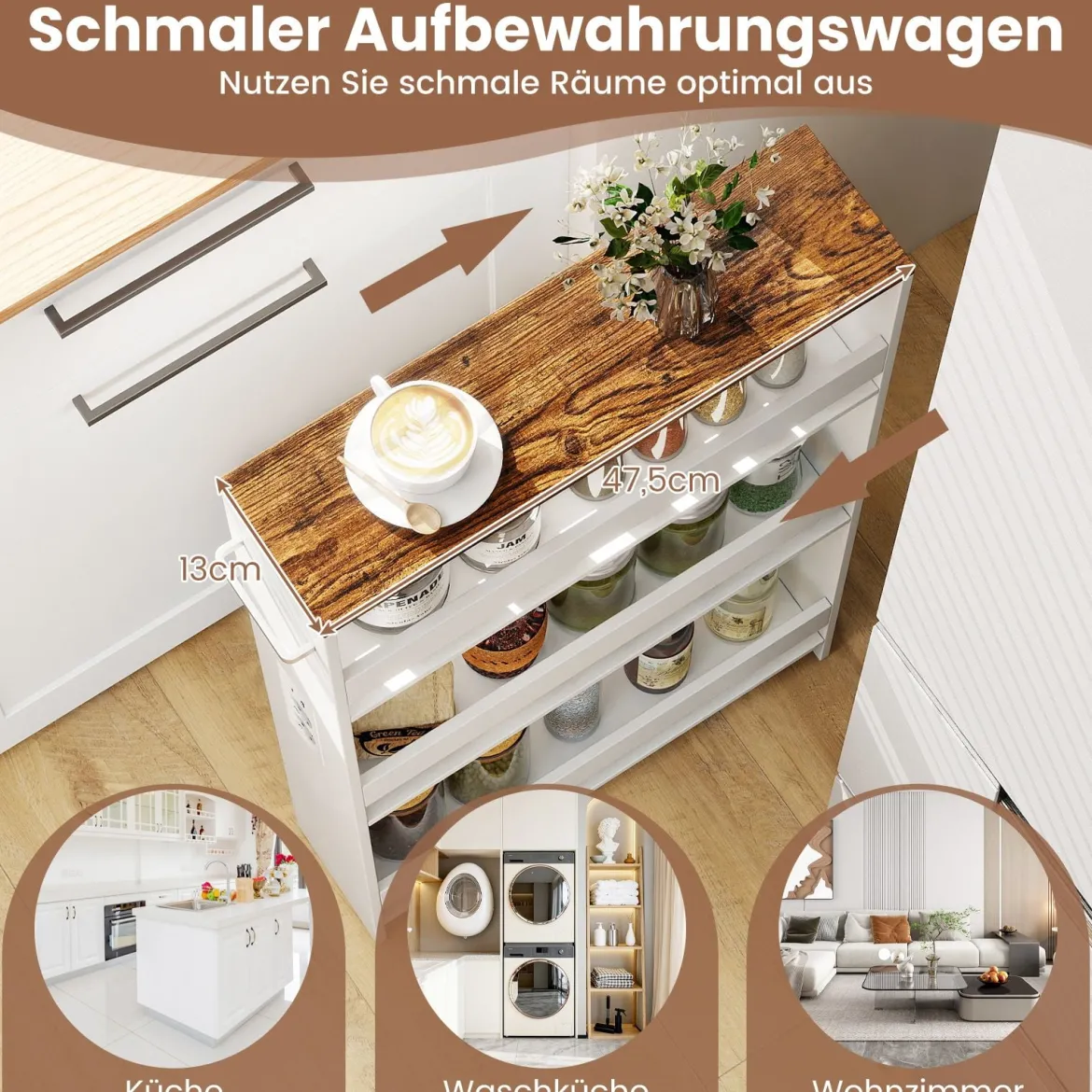 13 cm schlanker Aufbewahrungswagen mit Ladestation 4-stufiger rollbarer Küchenwagen mit Griff Rustikal Braun