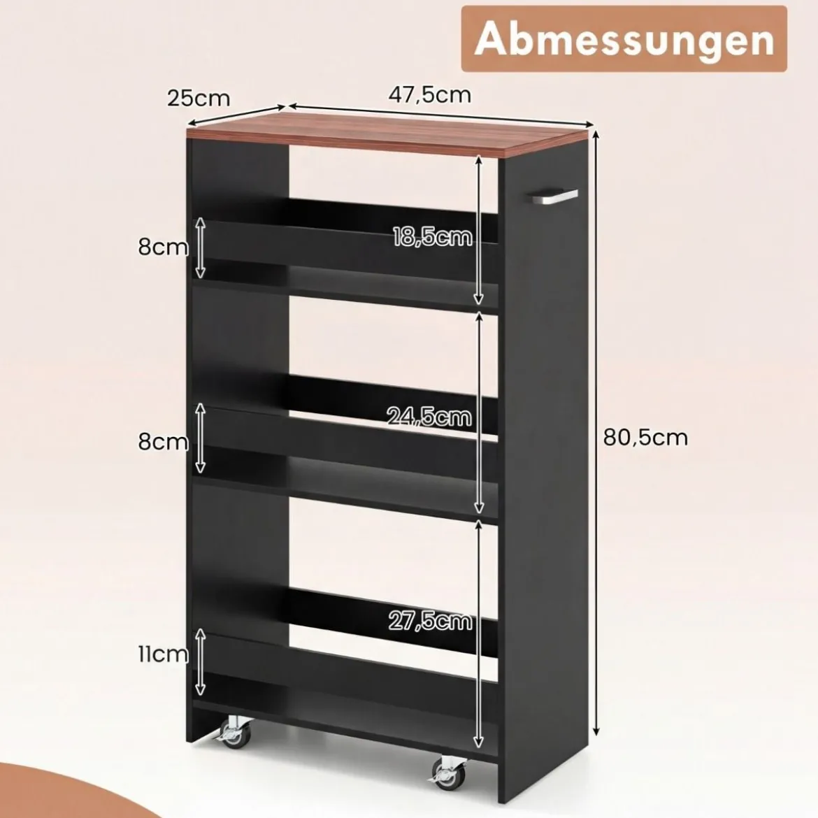 25 cm Schlanker Küchenwagen mit Ladestation 4-stufiger Rollbarer Aufbewahrungswagen Schwarz + Braun