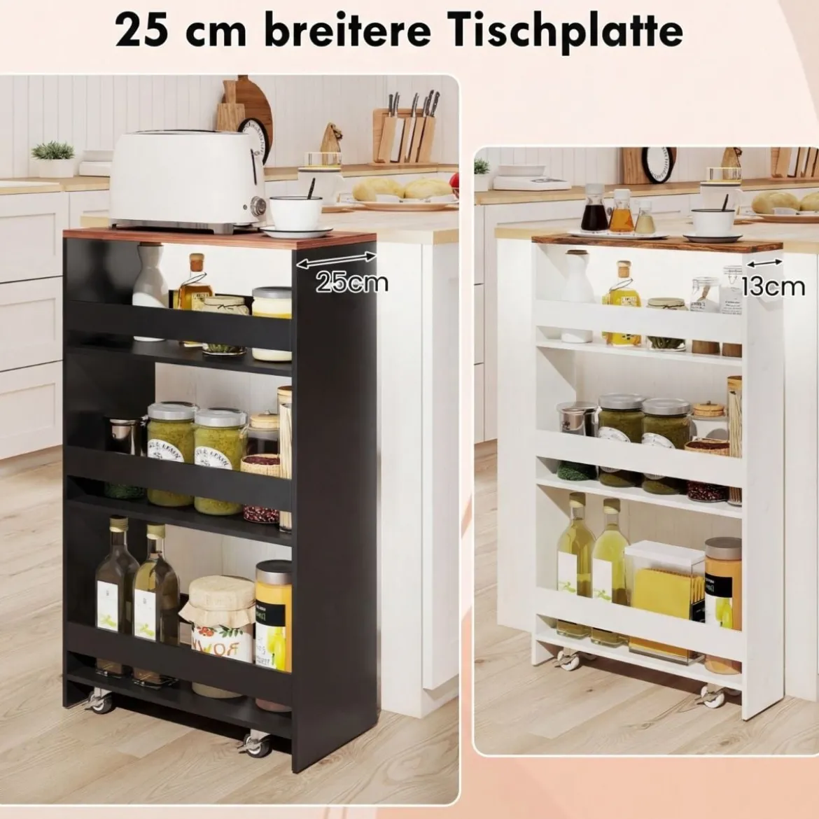 25 cm Schlanker Küchenwagen mit Ladestation 4-stufiger Rollbarer Aufbewahrungswagen Schwarz + Braun