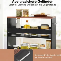 25 cm Schlanker Küchenwagen mit Ladestation 4-stufiger Rollbarer Aufbewahrungswagen Schwarz + Braun