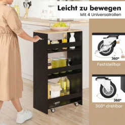 25 cm Schlanker Küchenwagen mit Ladestation 4-stufiger Rollbarer Aufbewahrungswagen Schwarz + Natur