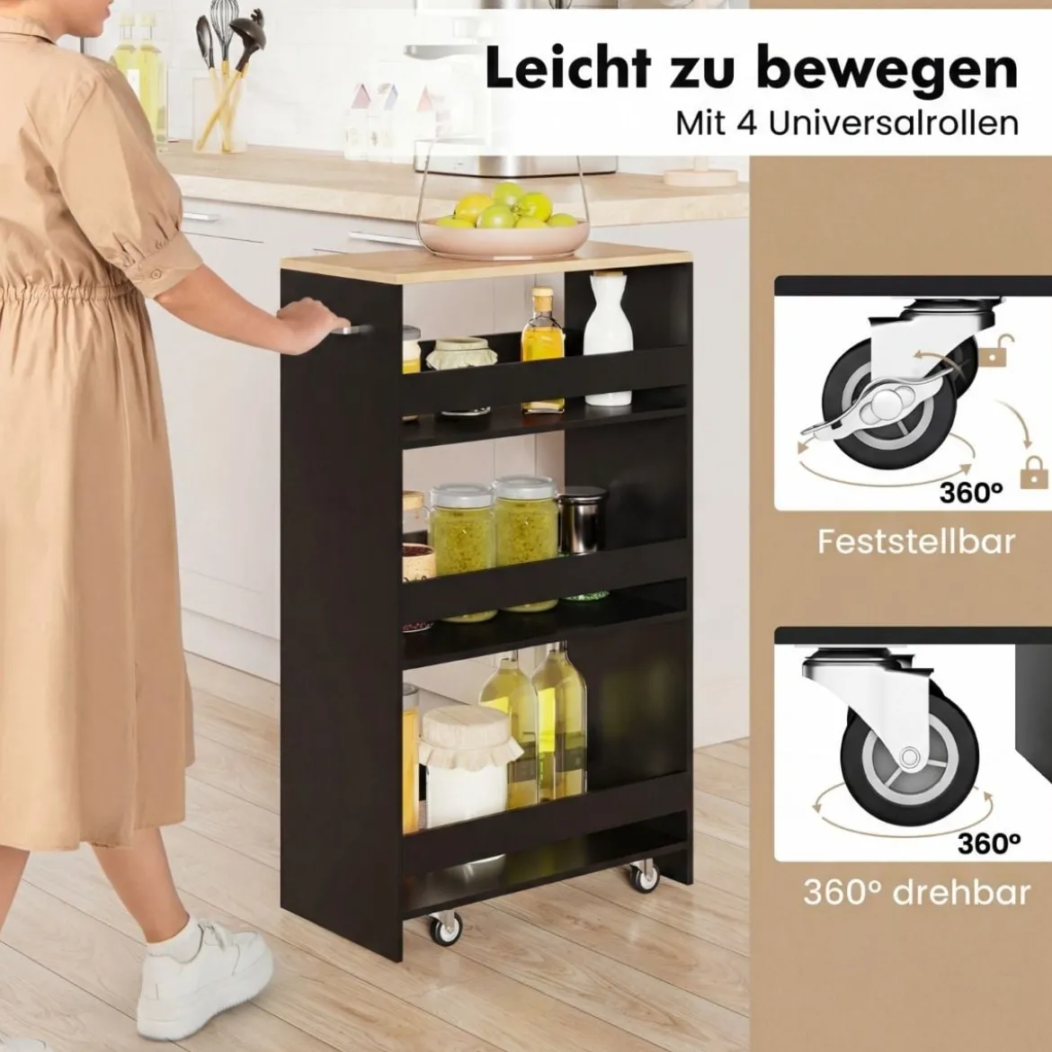 25 cm Schlanker Küchenwagen mit Ladestation 4-stufiger Rollbarer Aufbewahrungswagen Schwarz + Natur