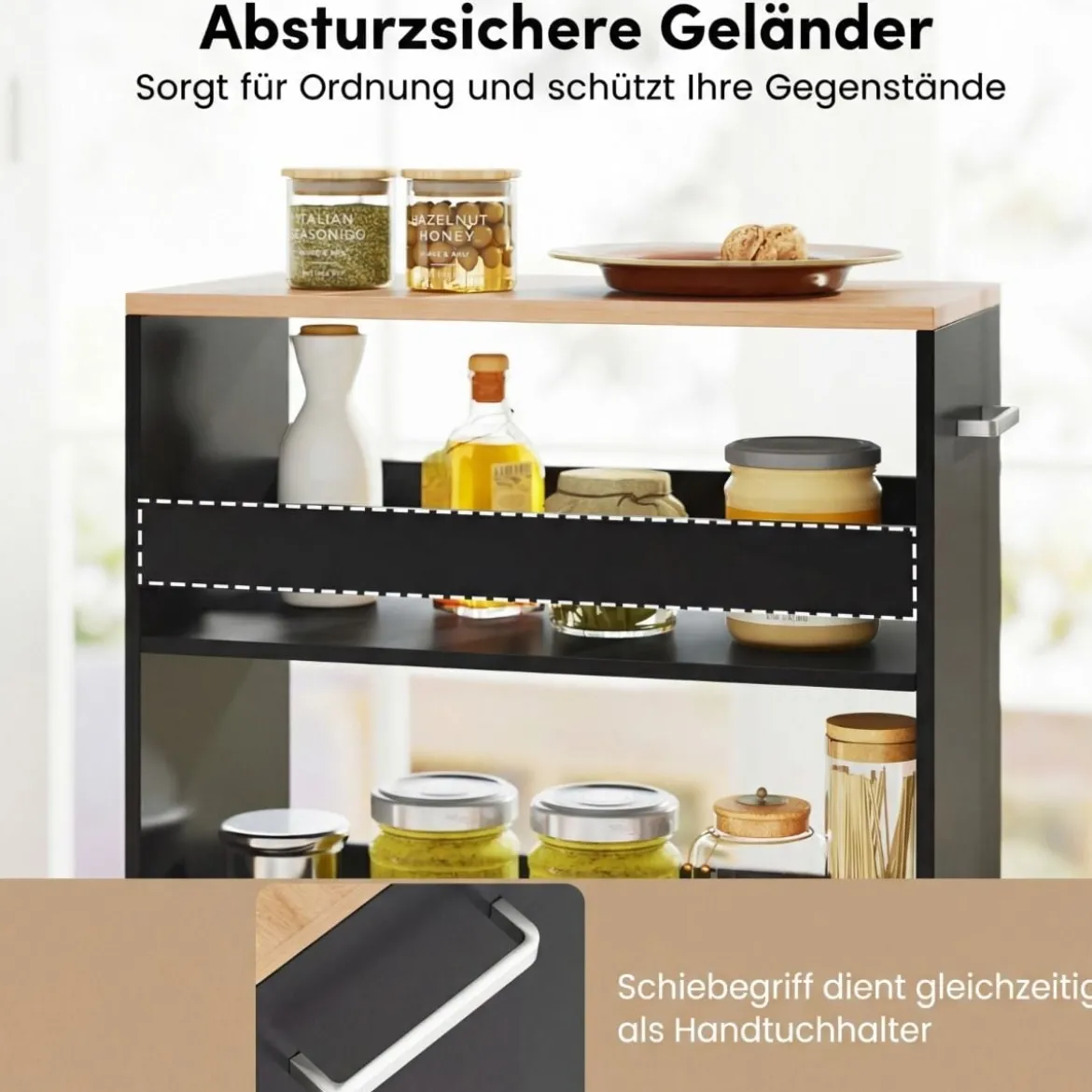 25 cm Schlanker Küchenwagen mit Ladestation 4-stufiger Rollbarer Aufbewahrungswagen Schwarz + Natur