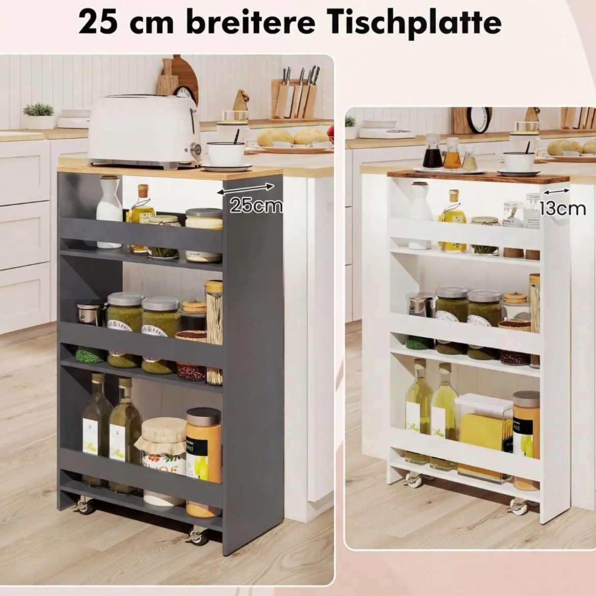 25 cm Schlanker Küchenwagen mit Ladestation 4-stufiger Rollbarer Aufbewahrungswagen Grau + Natur
