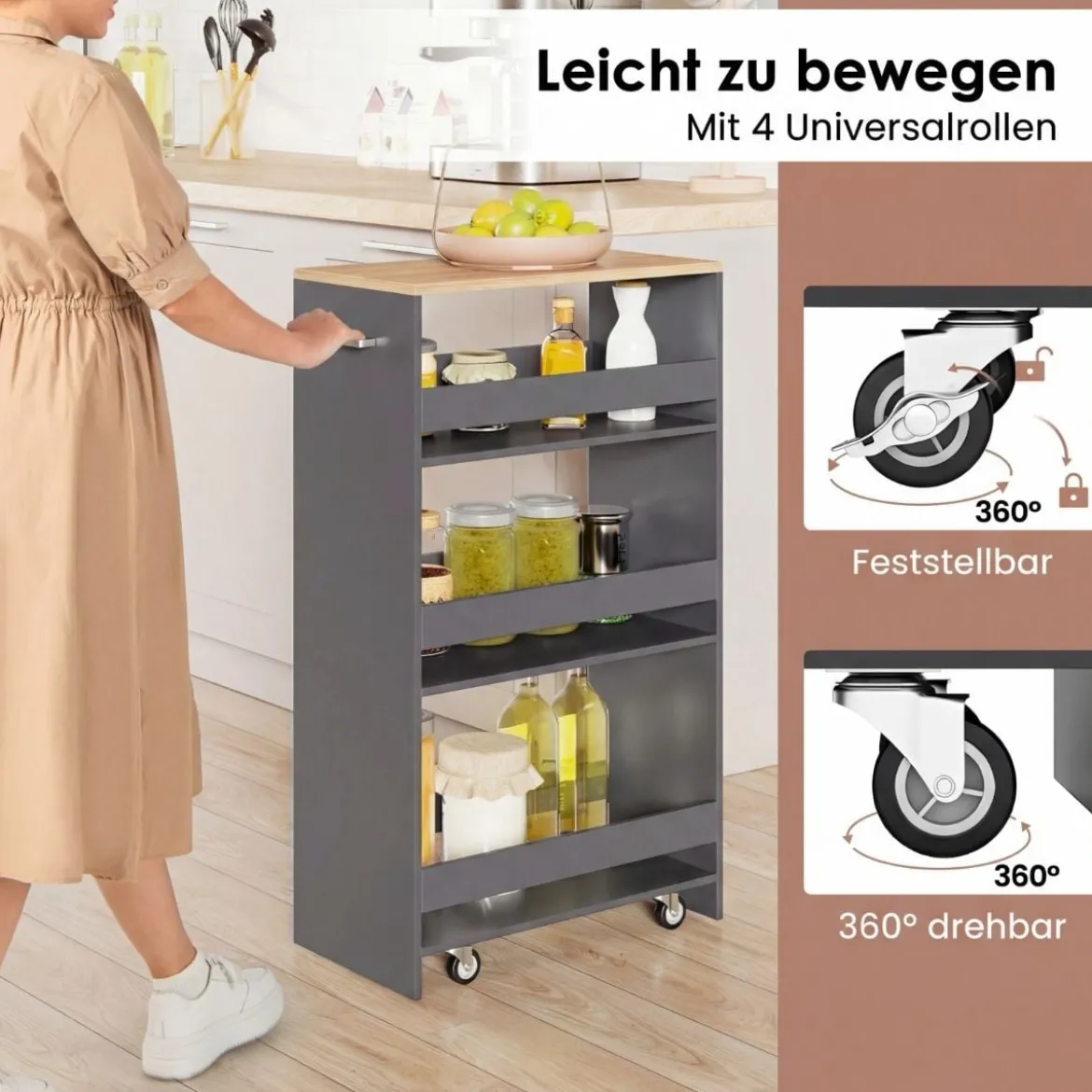 25 cm Schlanker Küchenwagen mit Ladestation 4-stufiger Rollbarer Aufbewahrungswagen Grau + Natur