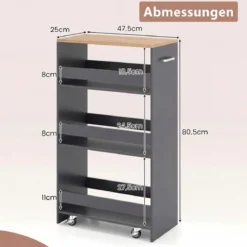 25 cm Schlanker Küchenwagen mit Ladestation 4-stufiger Rollbarer Aufbewahrungswagen Grau + Natur