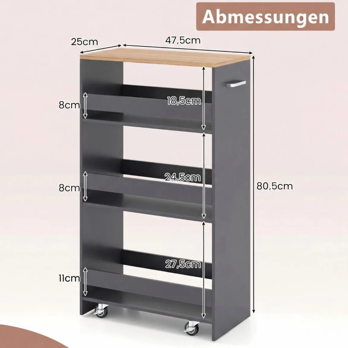 25 cm Schlanker Küchenwagen mit Ladestation 4-stufiger Rollbarer Aufbewahrungswagen Grau + Natur