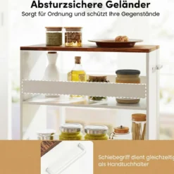 25 cm Schlanker Küchenwagen mit Ladestation 4-stufiger Rollbarer Küchenorganizer Weiß & Rustikal Braun