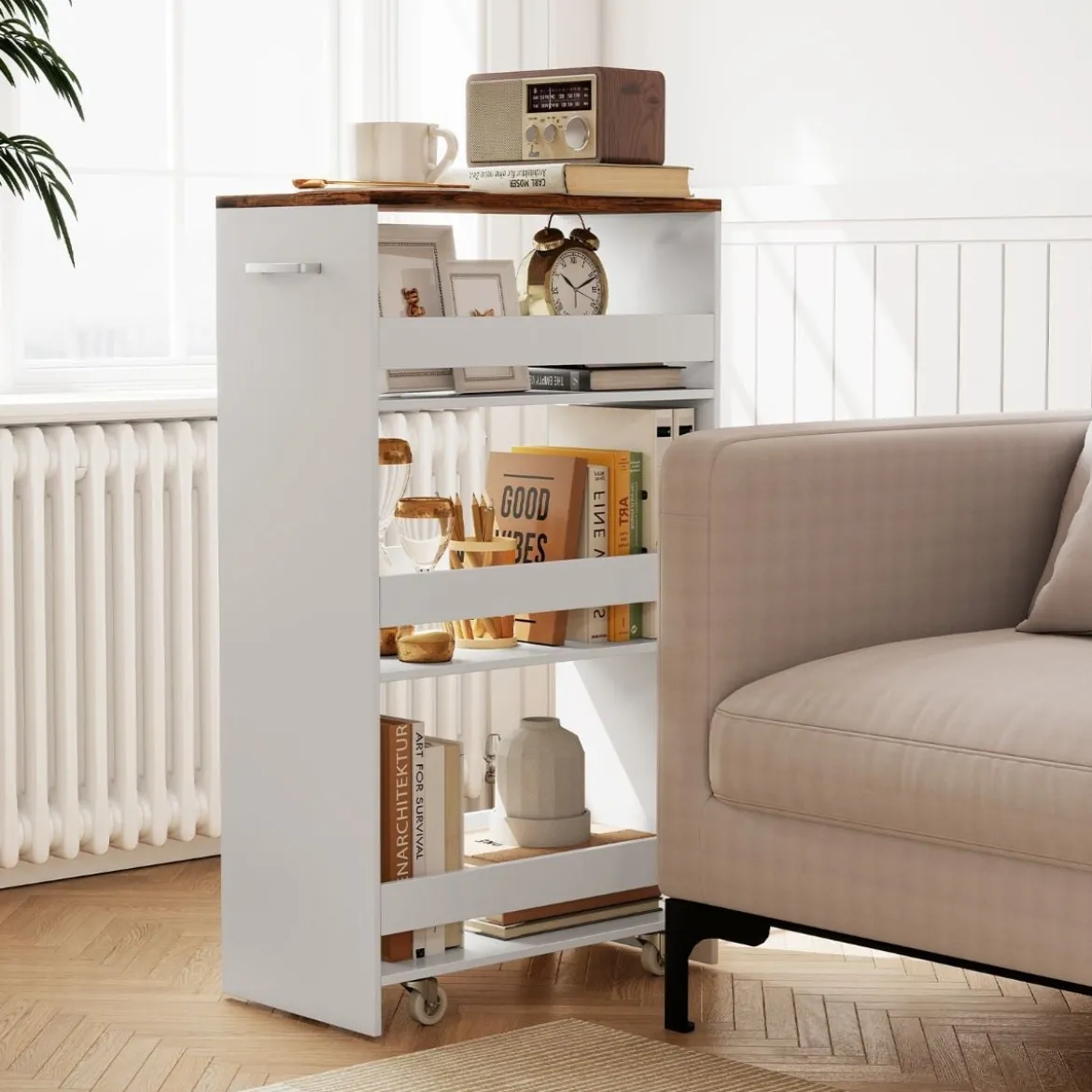25 cm Schlanker Küchenwagen mit Ladestation 4-stufiger Rollbarer Küchenorganizer Weiß & Rustikal Braun