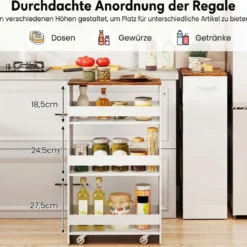 25 cm Schlanker Küchenwagen mit Ladestation 4-stufiger Rollbarer Küchenorganizer Weiß & Rustikal Braun