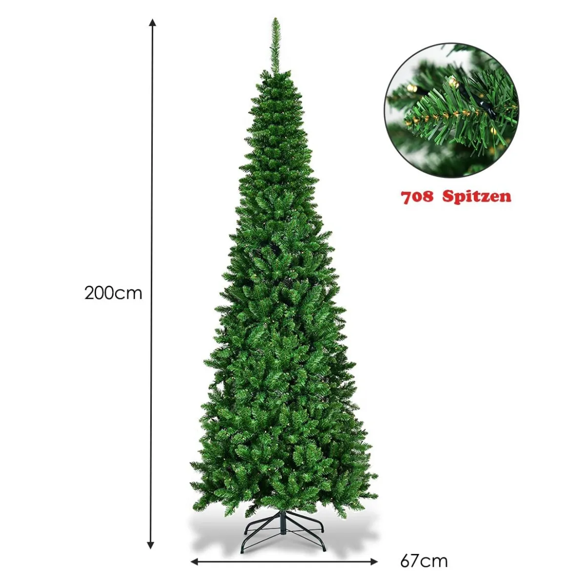 200 cm Schmaler Weihnachtsbaum mit Warmweißen LEDs Künstlicher Tannenbaum Grün
