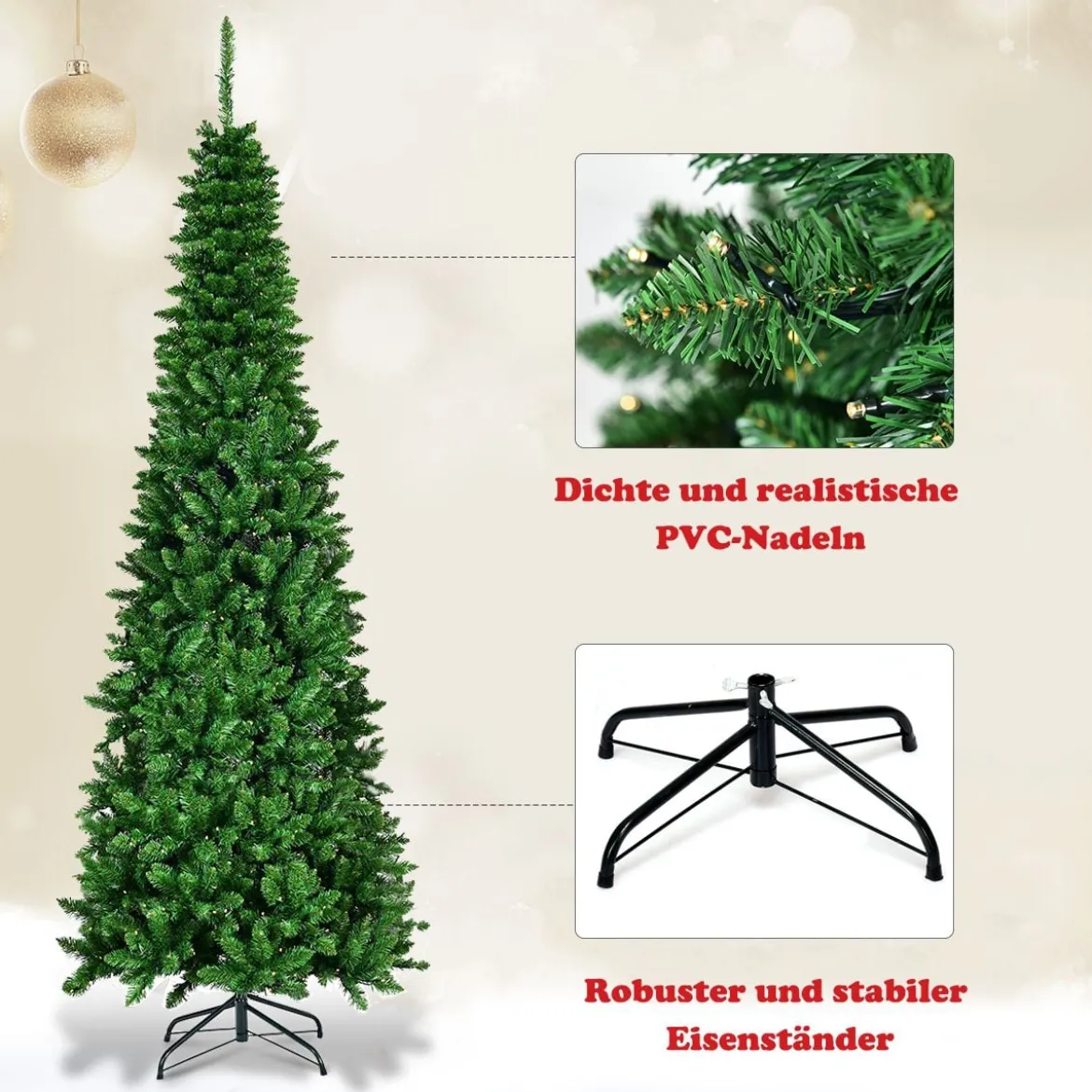 200 cm Schmaler Weihnachtsbaum mit Warmweißen LEDs Künstlicher Tannenbaum Grün