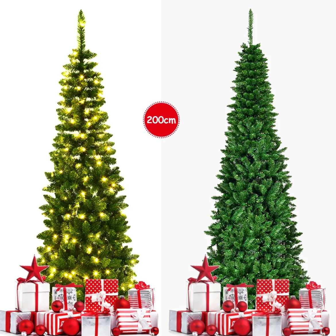 200 cm Schmaler Weihnachtsbaum mit Warmweißen LEDs Künstlicher Tannenbaum Grün