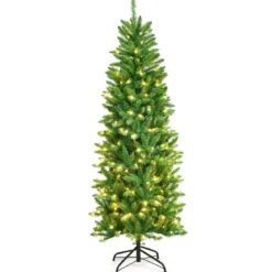 180 cm schmaler Weihnachtsbaum mit warmweißen LEDs, künstlichen Nadeln faltbar mit Metallständer Grün