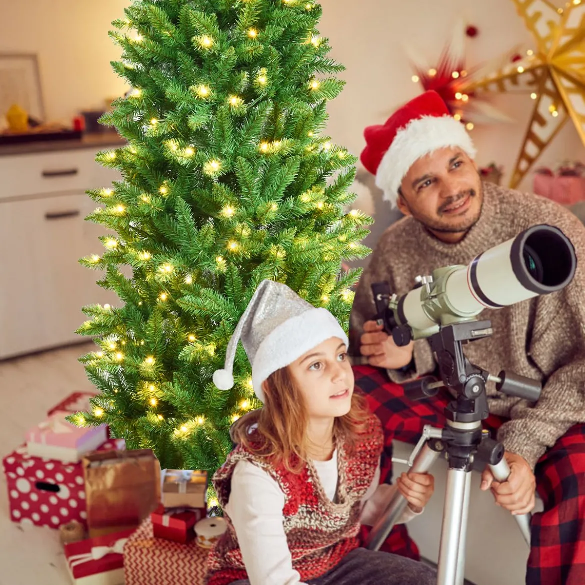 180 cm schmaler Weihnachtsbaum mit warmweißen LEDs, künstlichen Nadeln faltbar mit Metallständer Grün