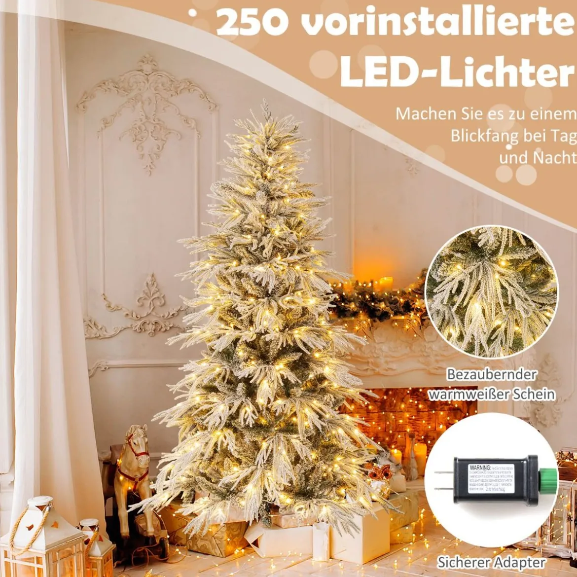 180 cm Schnee-beflockter künstlicher Weihnachtsbaum vorbeleuchteter Weihnachtsbaum mit 250 warmweißen LED-Lichtern 594 Zweigspitzen
