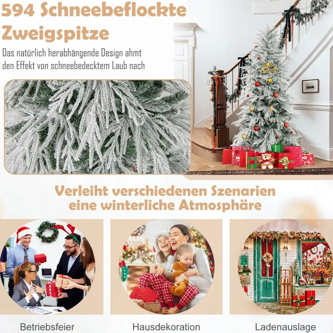 180 cm Schnee-beflockter künstlicher Weihnachtsbaum vorbeleuchteter Weihnachtsbaum mit 250 warmweißen LED-Lichtern 594 Zweigspitzen