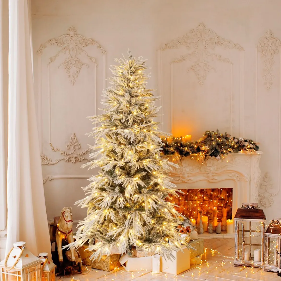 180 cm Schnee-beflockter künstlicher Weihnachtsbaum vorbeleuchteter Weihnachtsbaum mit 250 warmweißen LED-Lichtern 594 Zweigspitzen
