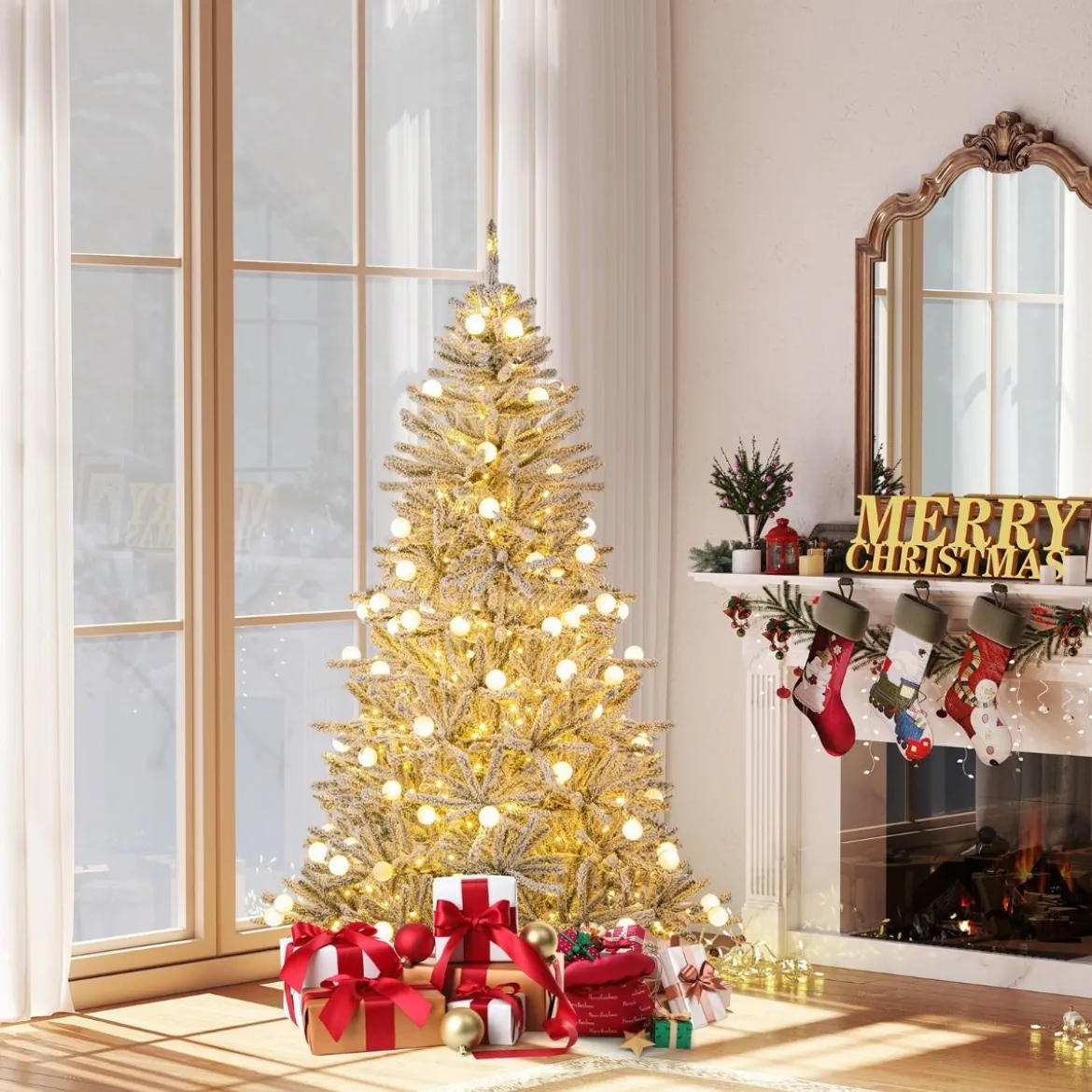 180 cm Schnee-beflockter Künstlicher Weihnachtsbaum mit 51 Kugellampen 250 Warmweißen LED-Lichtern 637 Zweigspitzen