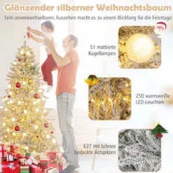 180 cm Schnee-beflockter Künstlicher Weihnachtsbaum mit 51 Kugellampen 250 Warmweißen LED-Lichtern 637 Zweigspitzen
