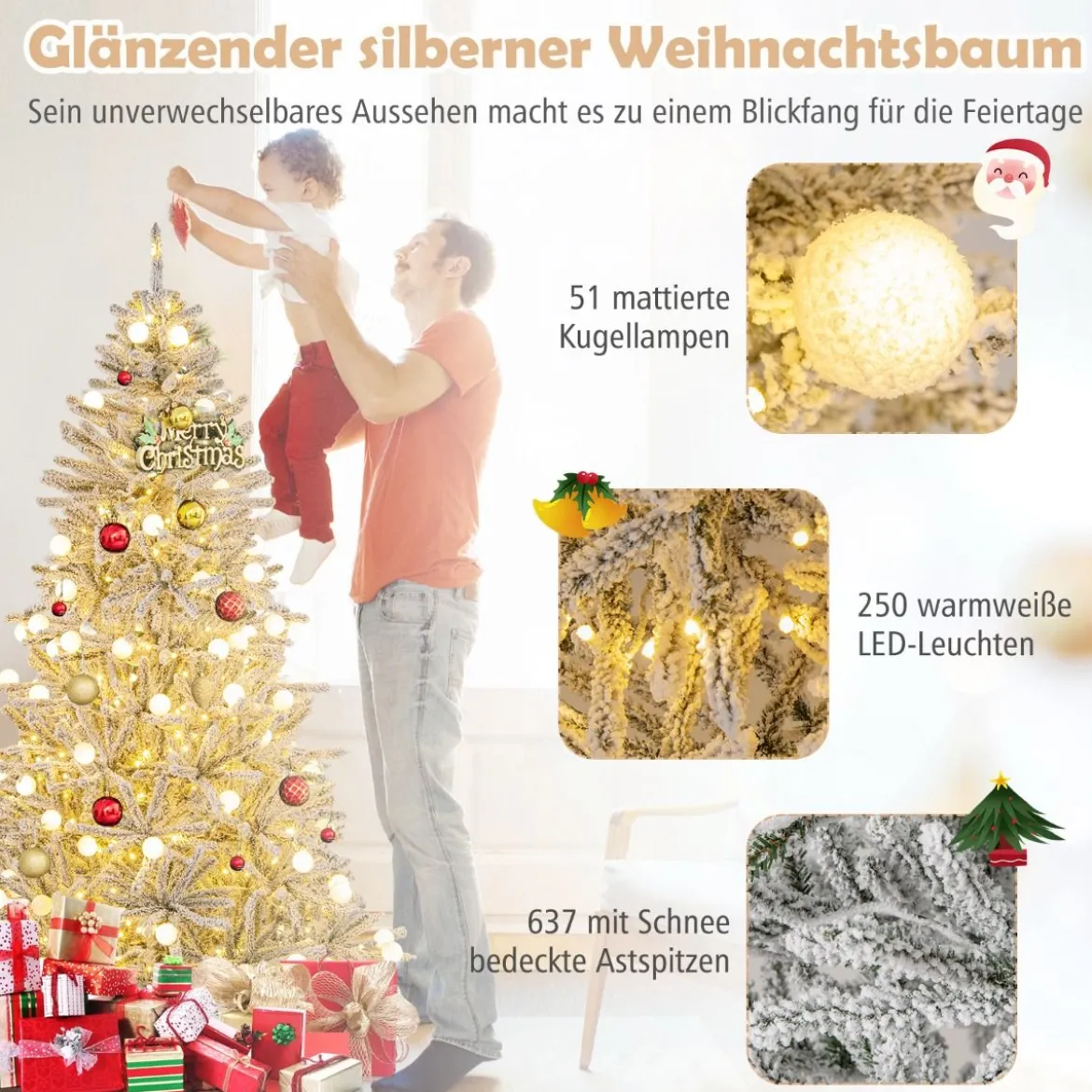 180 cm Schnee-beflockter Künstlicher Weihnachtsbaum mit 51 Kugellampen 250 Warmweißen LED-Lichtern 637 Zweigspitzen