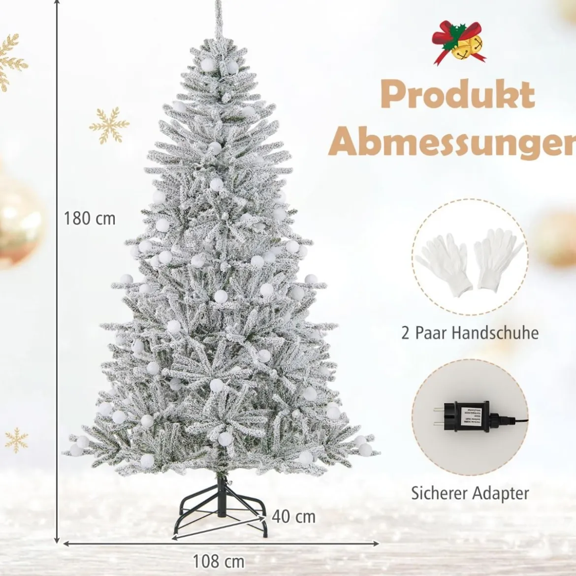 180 cm Schnee-beflockter Künstlicher Weihnachtsbaum mit 51 Kugellampen 250 Warmweißen LED-Lichtern 637 Zweigspitzen